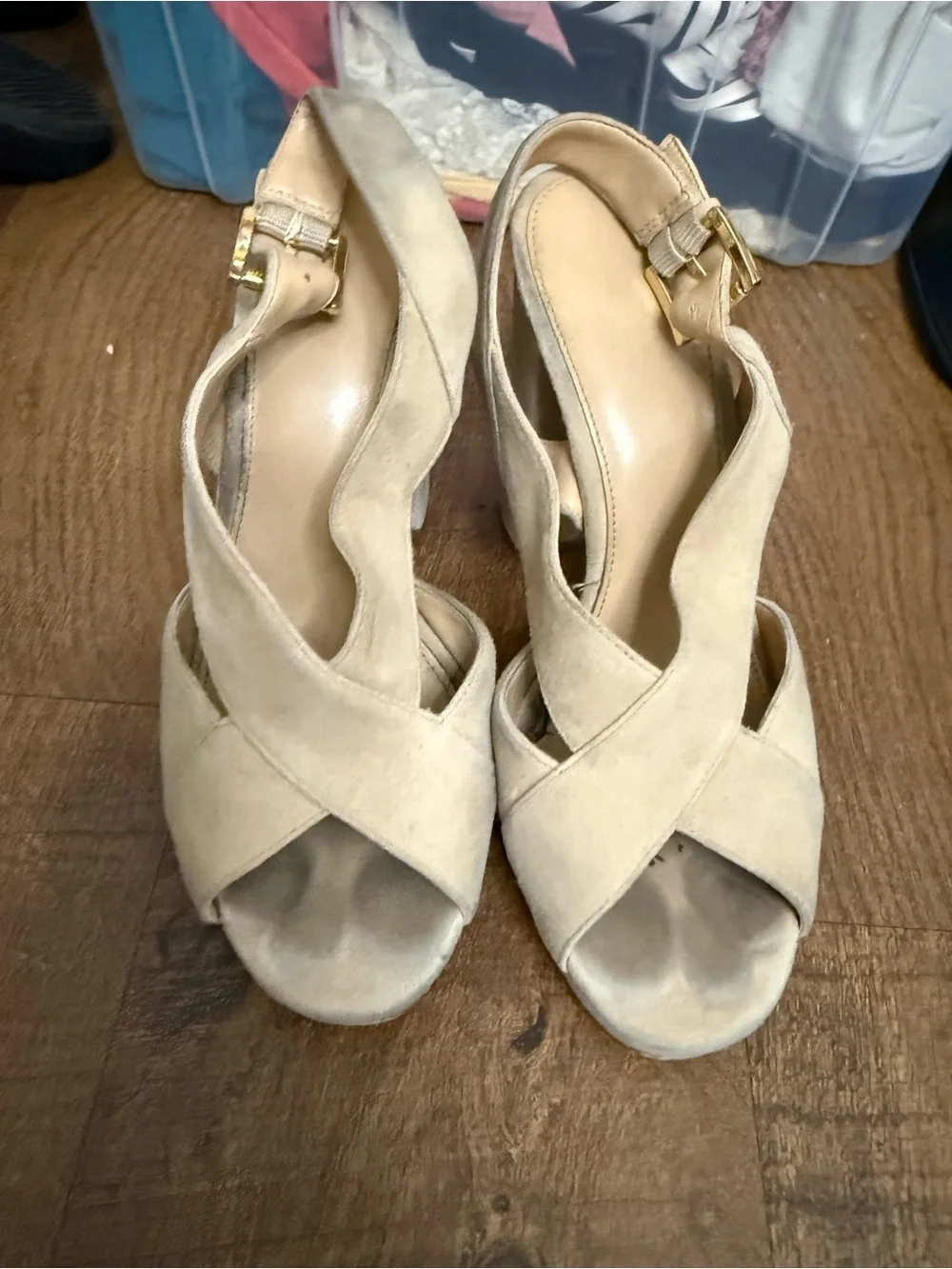 Michael Kors Beige Suede Peep-Toe Block Heel Sandals